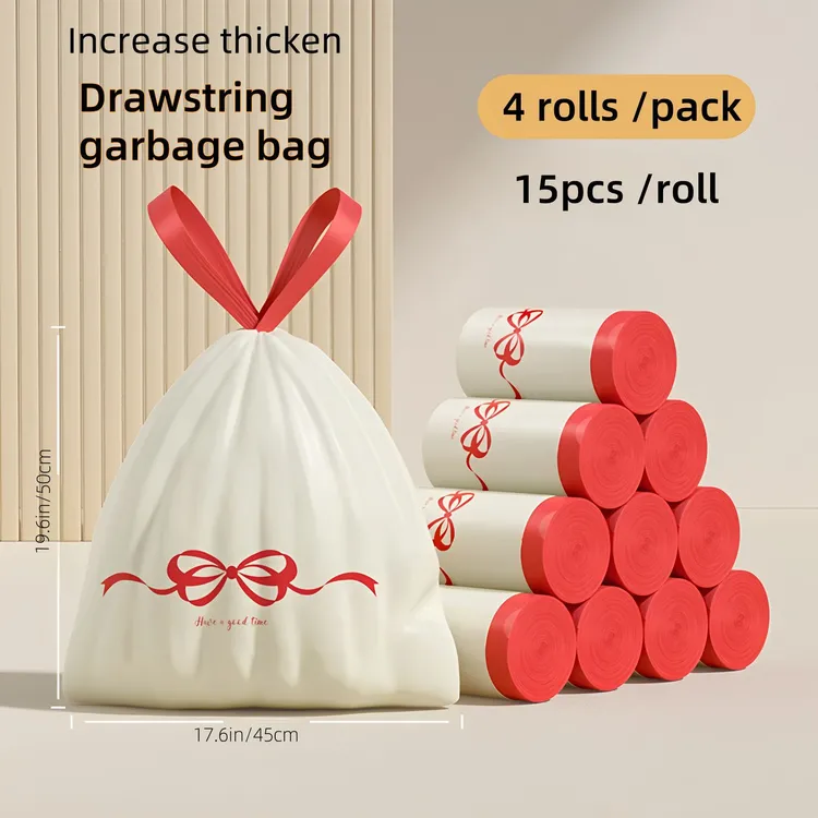手提垃圾袋宿舍用垃圾红丝带袋子手提式抽绳塑料袋60只