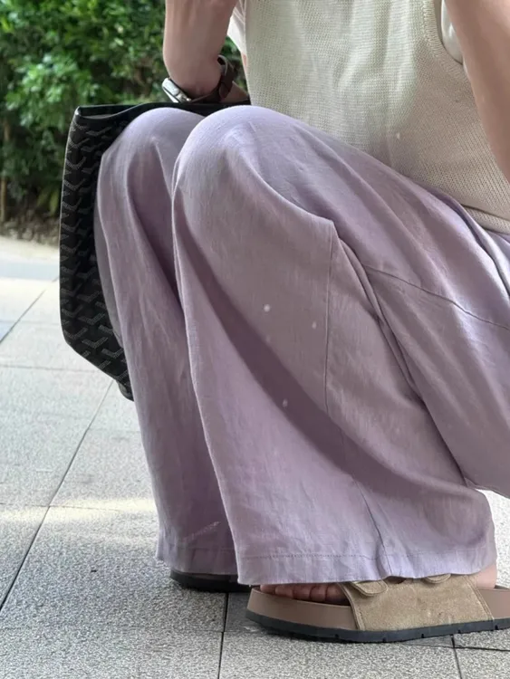 粉紫色亚麻阔腿裤子女夏薄款大码宽松显瘦梨形身材棉麻直筒休闲裤