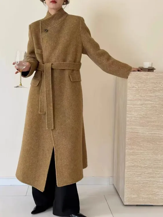 2025秋冬新品长款小烟囱领气质长款羊毛大衣外套AW577