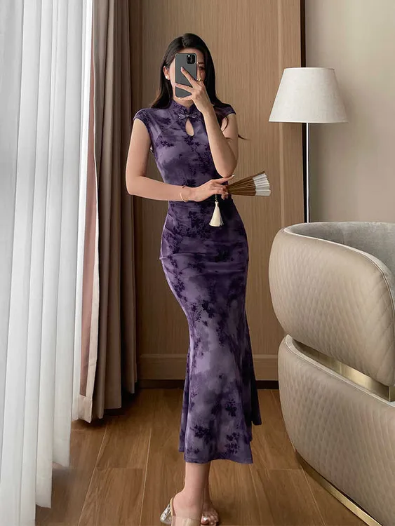 新中式复古改良版旗袍女夏季新款花镂空修身鱼尾连衣裙3229#