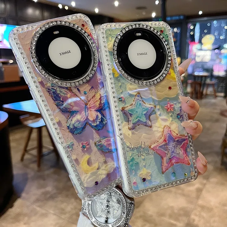 适用华为mate 70系列苹果新款手机壳ins云朵蝴蝶全包满钻大孔镜头