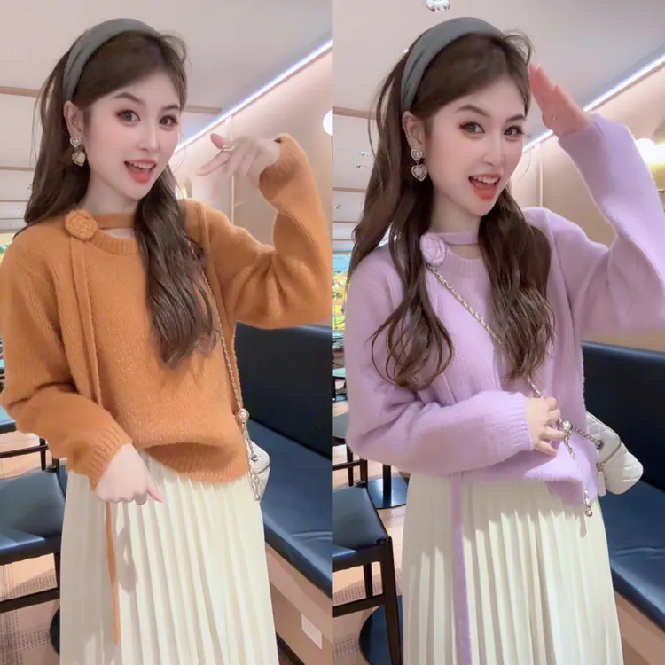 小个子仿水貂绒飘带韩系打底衫女秋冬季温柔风洋气减龄亮丝针织衫