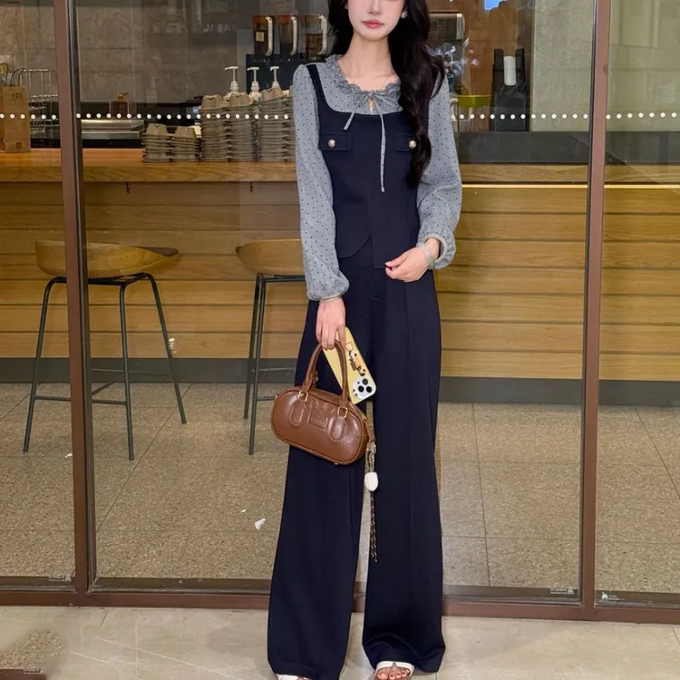韩版时尚小香风时髦套装2025小众假两件波点上衣休闲阔腿裤两件套