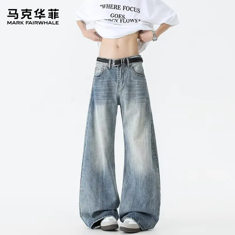 马克华菲秋季美式竹节纹牛仔裤弯刀宽松直筒复古高腰显瘦男女同款