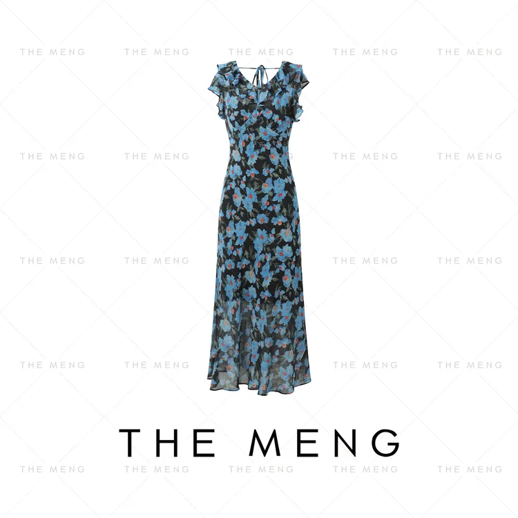 THE MENG【蓝色花海】乔其纱印染斜裁通勤显瘦连衣裙#M252G0363
