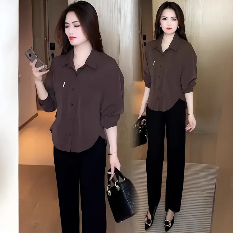 小个子时尚长袖衬衫女士上衣春秋新款妈妈装休闲百搭遮肚显瘦衬衣