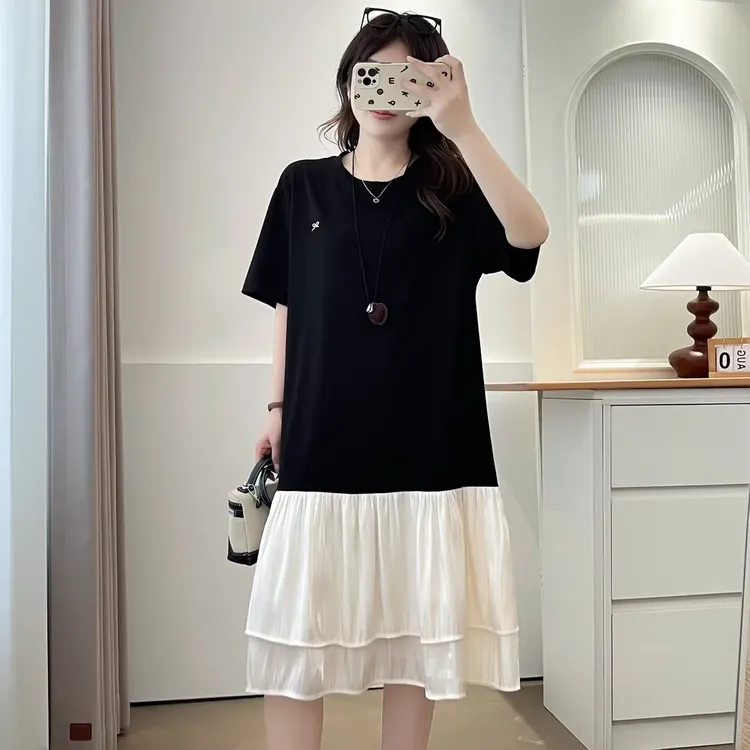 大码胖mm法式休闲时尚宽松显瘦拼接连衣裙女夏季新款减龄遮肉裙子
