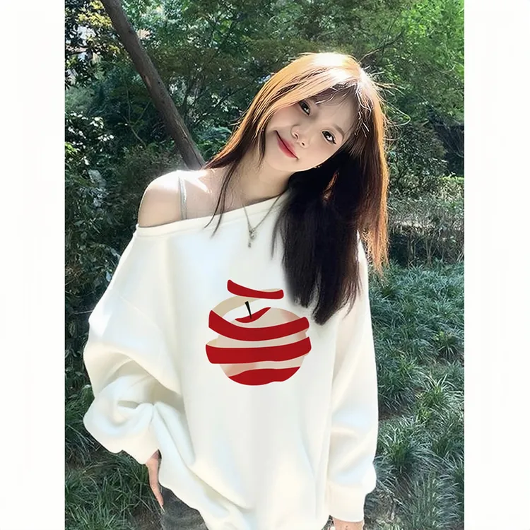 YWBY韩系少女风斜领露肩长袖卫衣女舒适宽松休闲百搭慵懒感上衣