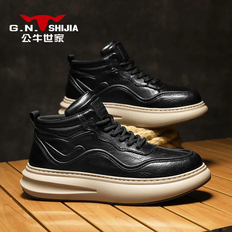 公牛世家秋季高帮板鞋男鞋厚底时尚百搭休闲鞋增高运动男士老爹鞋