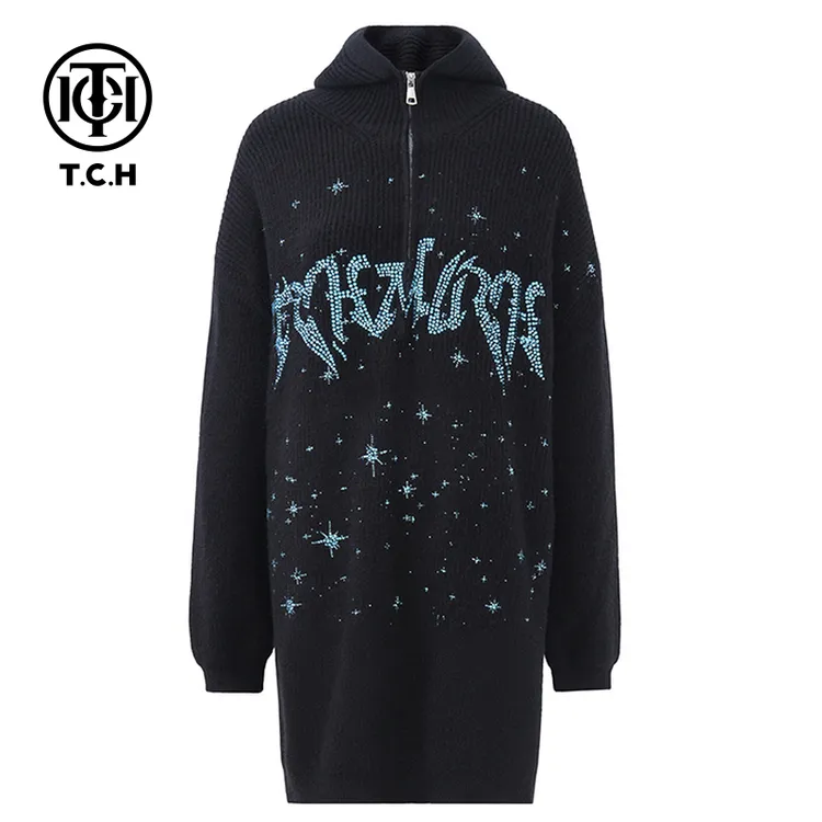 TCH私服烫钻工艺潮牌英文黑色连帽毛针织衫女T72C09E5072轻奢tch