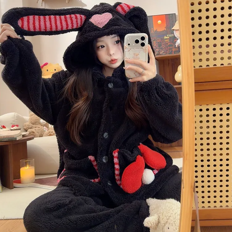 连帽爱心兔睡衣女生珊瑚绒冬季长袖长裤可爱加厚保暖法兰绒家居服