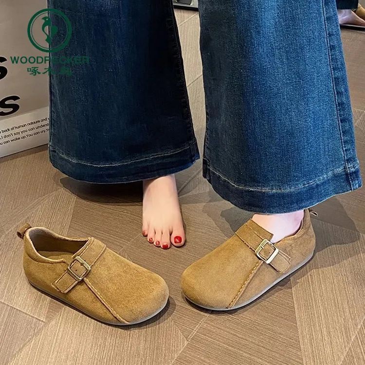 啄木鸟软底勃肯鞋女2025新款春季一脚蹬豆豆鞋百搭英伦风复古女鞋