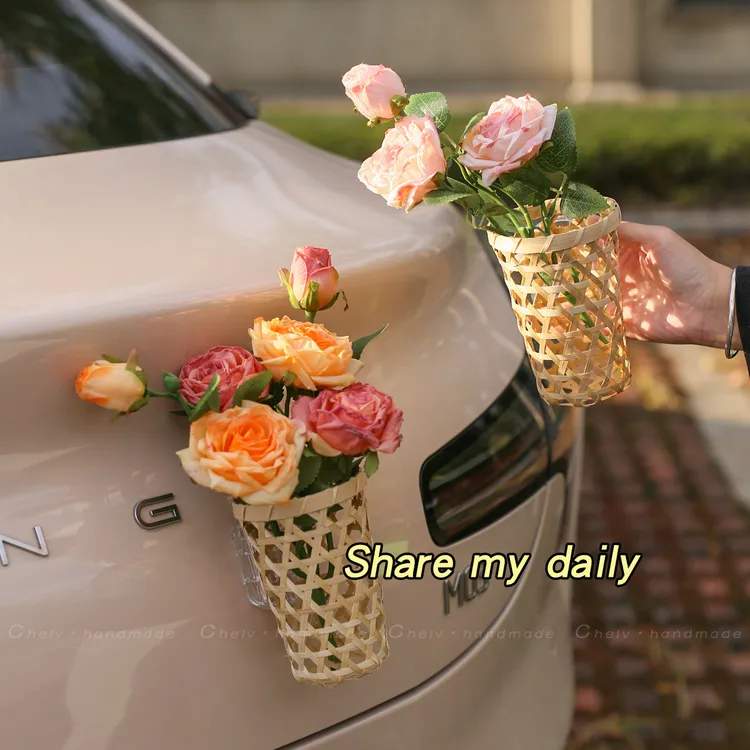 车尾竹花篮法式焦边玫瑰花束装饰品汽车贴纸尾箱粘扣挂件车顶外部
