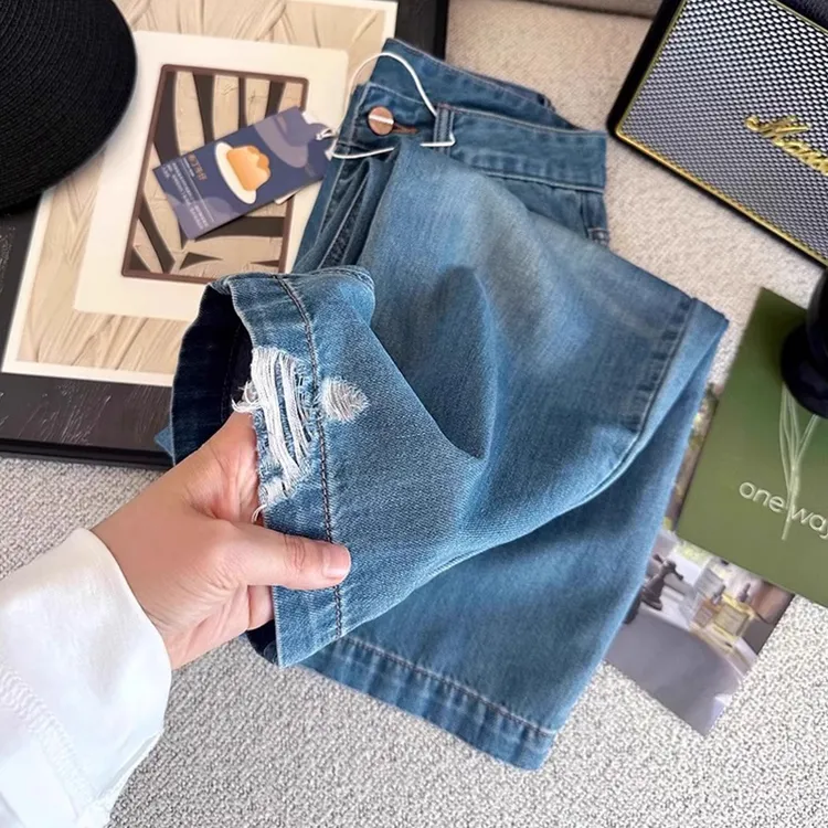 莱赛尔天丝破洞牛仔裤女夏季薄款大码梨型身材显瘦凉感九分直筒裤