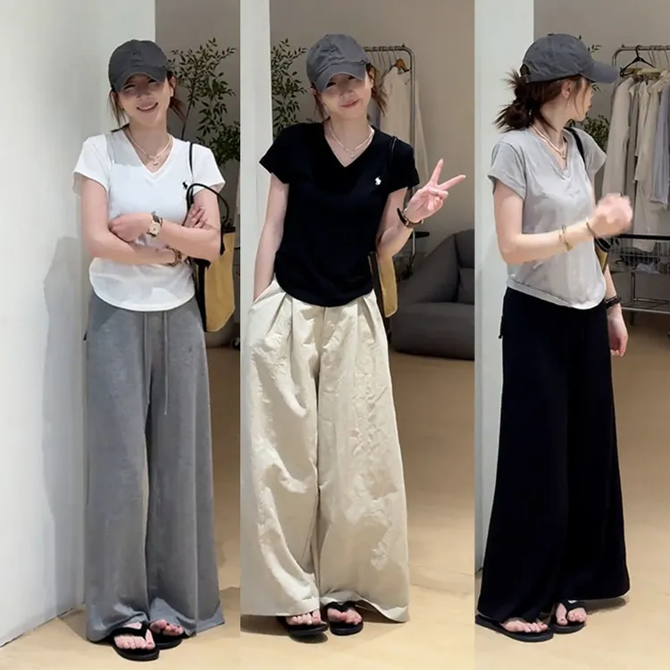 小个子百搭显瘦夏季巨好看收腰显瘦圆领短袖T恤休闲裤通勤两件他