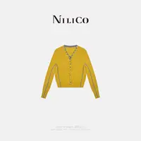 NILICO【丰收】V领重工拼色设计澳洲羊毛混纺毛针织开衫外套