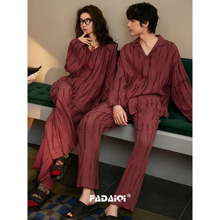 红色结婚情侣睡衣新婚套装春秋季女纯棉纱布长袖本命年男士家居服