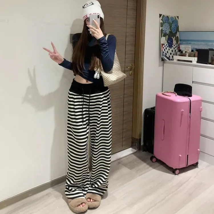 裤长112cm高个子加长藏青条纹阔腿裤女高腰垂感宽松休闲拖地裤子