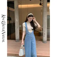 KUN【理想型】实穿背带 精致蓝调杂色肌理格小香风好搭阔腿背带裤子