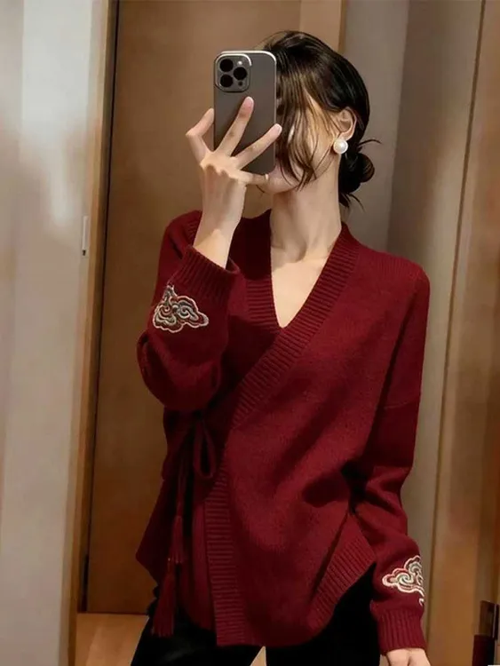 新中式国风毛衣女款2025新款慵懒高级感针织可外穿内搭上衣女秋冬