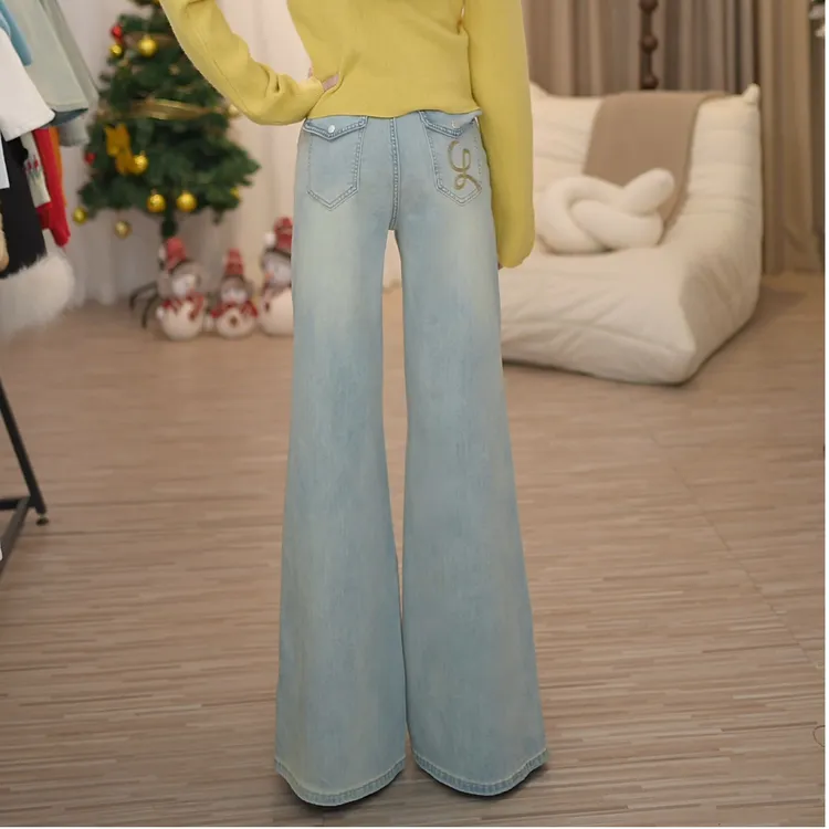 浅蓝色不贴腿直筒微喇牛仔裤女高腰显瘦加绒加厚裤子986