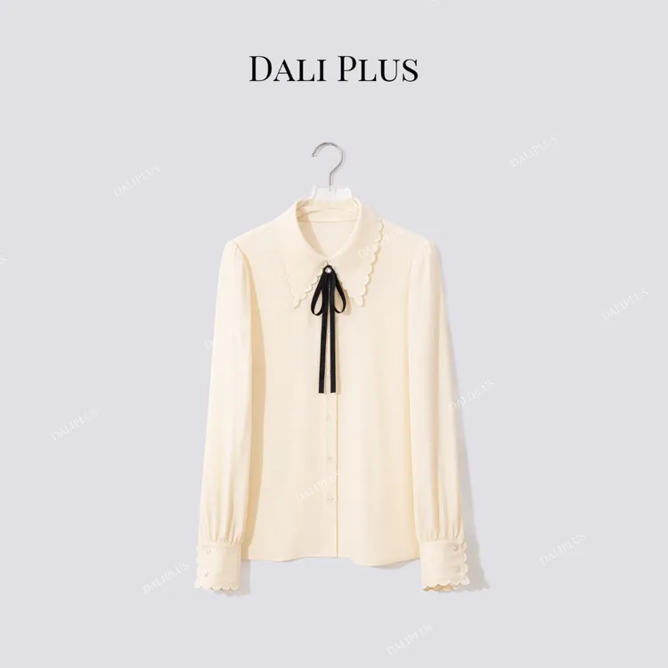 DALI PLUS“一秒过火”重磅醋酸绣花边翻领长袖衬衫-D5LT2318