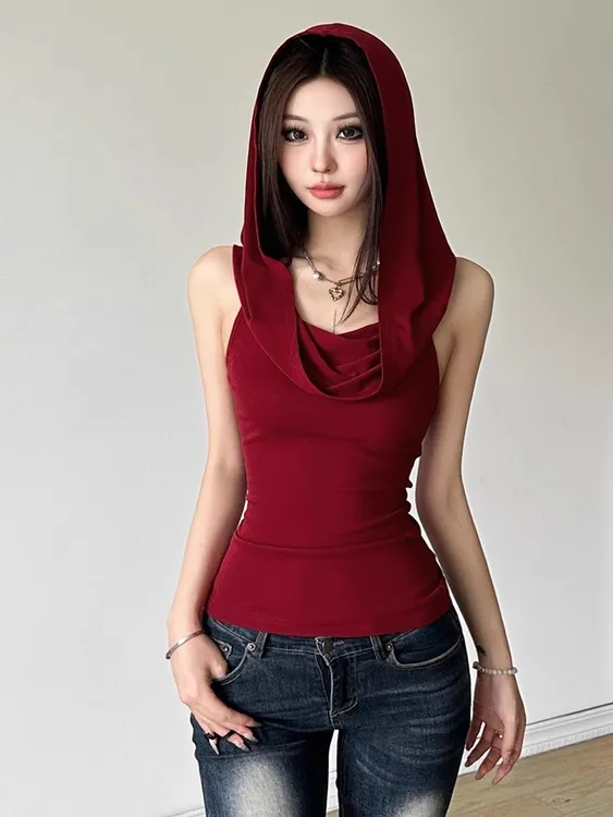 复古红荡领连帽背心女t恤2025新款夏季美式辣妹修身显瘦短款上衣