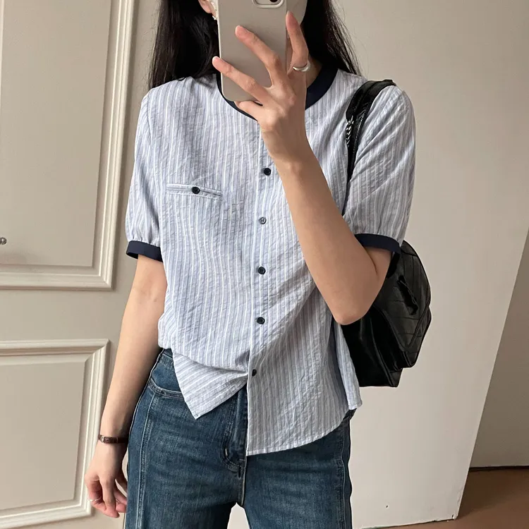 「撞色领 竖条纹衬衫」气质显瘦夏季薄款 韩版休闲百搭小众衬衣S082