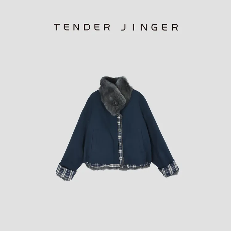 Tender Jinger【显瘦派克】两面穿长毛獭兔格子派克服T54MYY50007