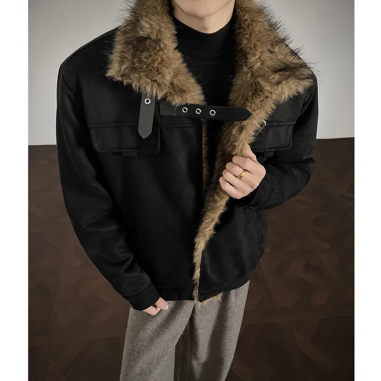 美式毛领拼接立领仿麂皮绒棉服外套男冬潮流加厚保暖宽松棉衣袄子