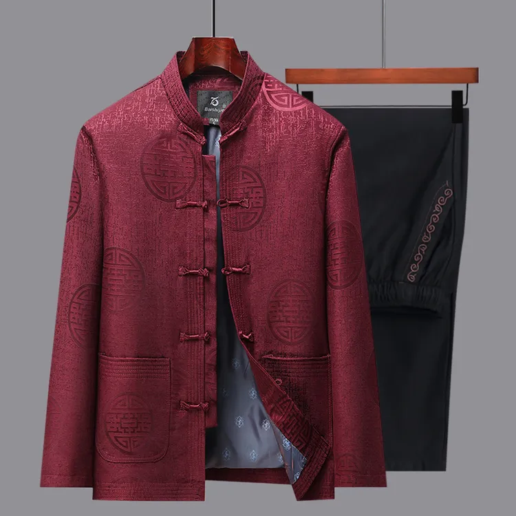 中老年男士秋季唐装经典爸爸款长袖外套中国风爷爷立领生日宴会装