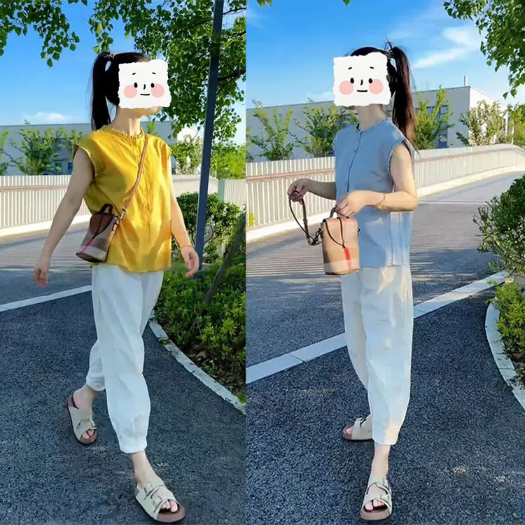 2025夏季百搭小个子休闲圆领花边衬衫上衣搭配九分裤轻熟风一整套