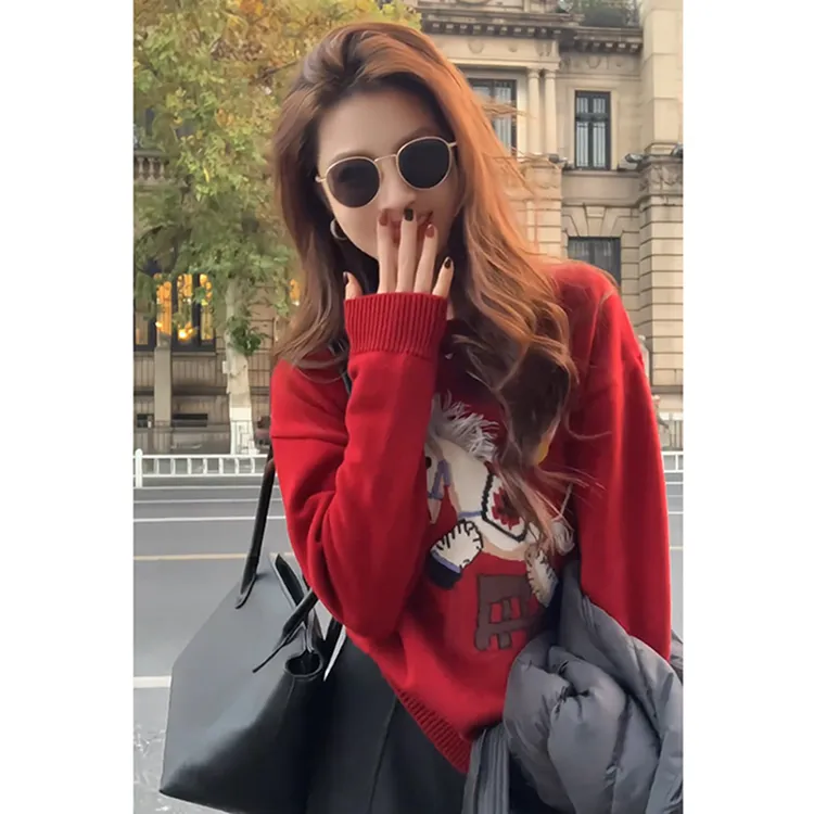 韩系减龄卡通马图案长袖针织衫女秋冬设计感别致显瘦时尚套头上衣