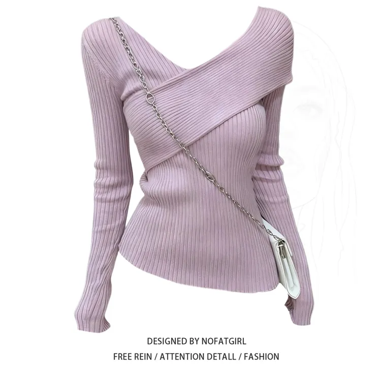 大码胖妹妹法式交叉领设计紫色针织衫女秋季修身收腰长袖毛衣上衣