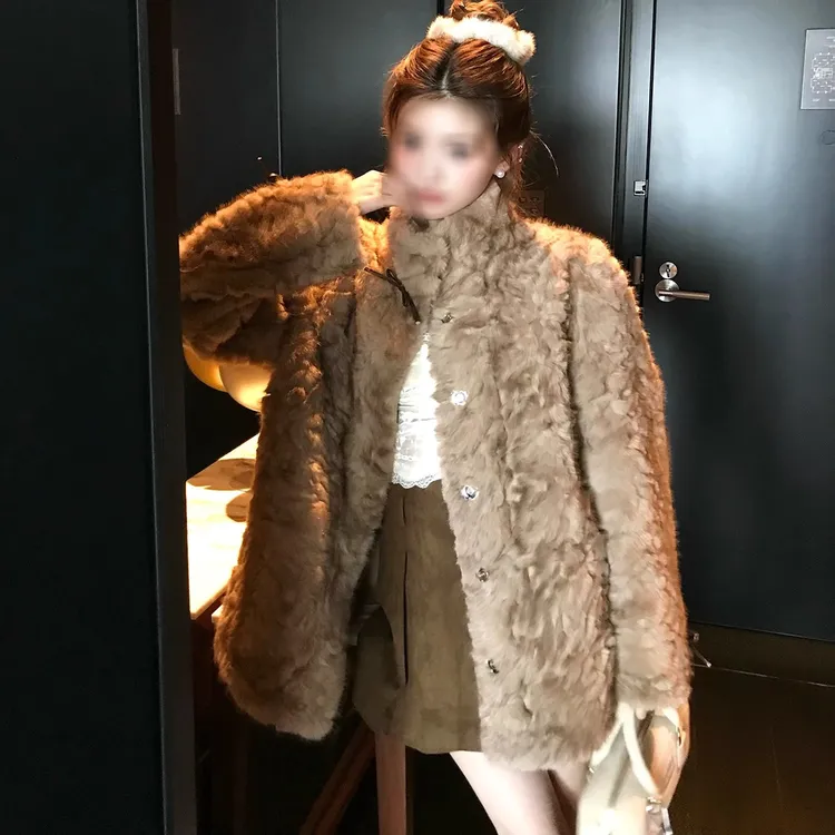 人造皮草 人造皮草宽松立领染尖女冬慵懒风休闲加厚毛毛外套