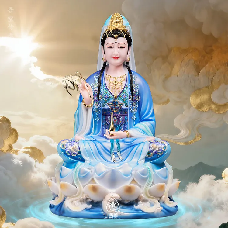 25新款观音菩萨佛像家居供奉佛像合成汉白玉彩绘贴金自在观音佛像