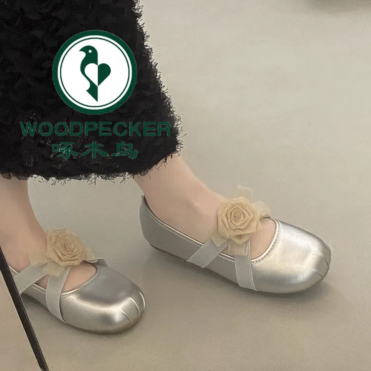 啄木鸟绝美山茶花朵玛丽珍单鞋女2025新款复古交叉带百搭芭蕾舞鞋