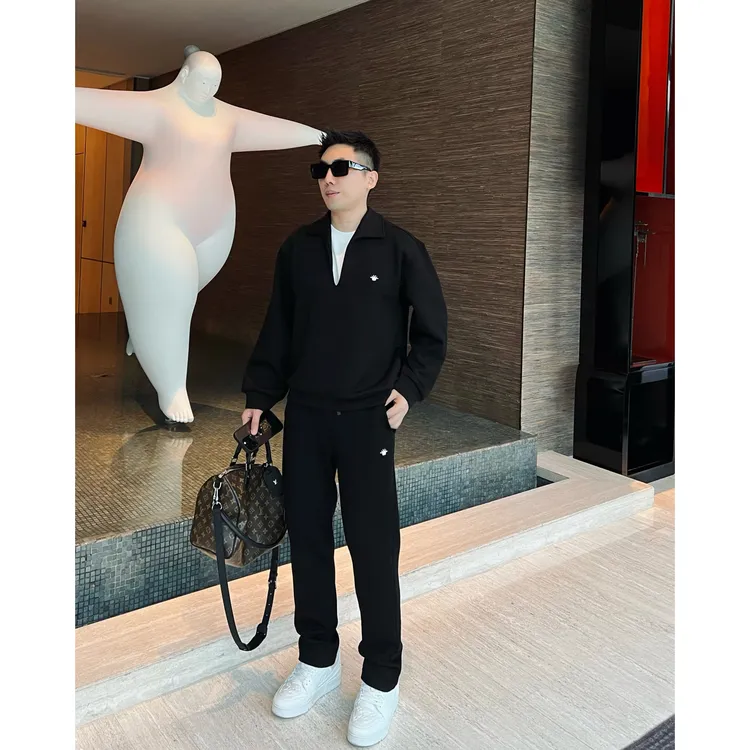 【蜜蜂假两件套装】李查德痞帅男装秋新老钱V字开领卫衣休闲长裤子