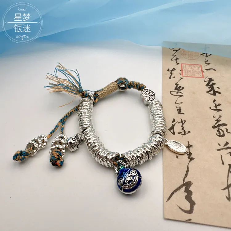 足银手链 吞金兽银9999盘缠手链绳女款如意蓝闺蜜新中式礼物