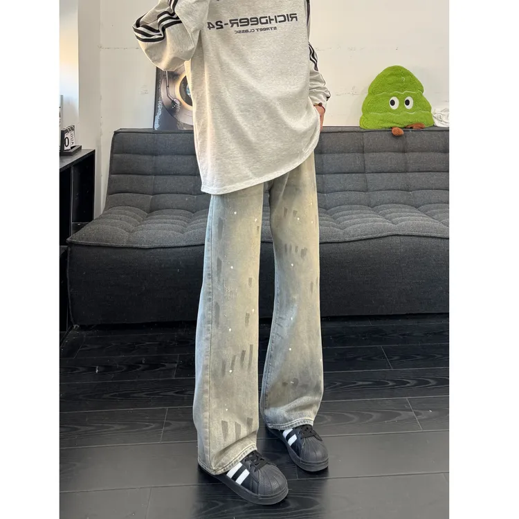 猫爪痕泼墨水洗牛仔裤男款秋季美式vintage扎染裤子显瘦直筒长裤