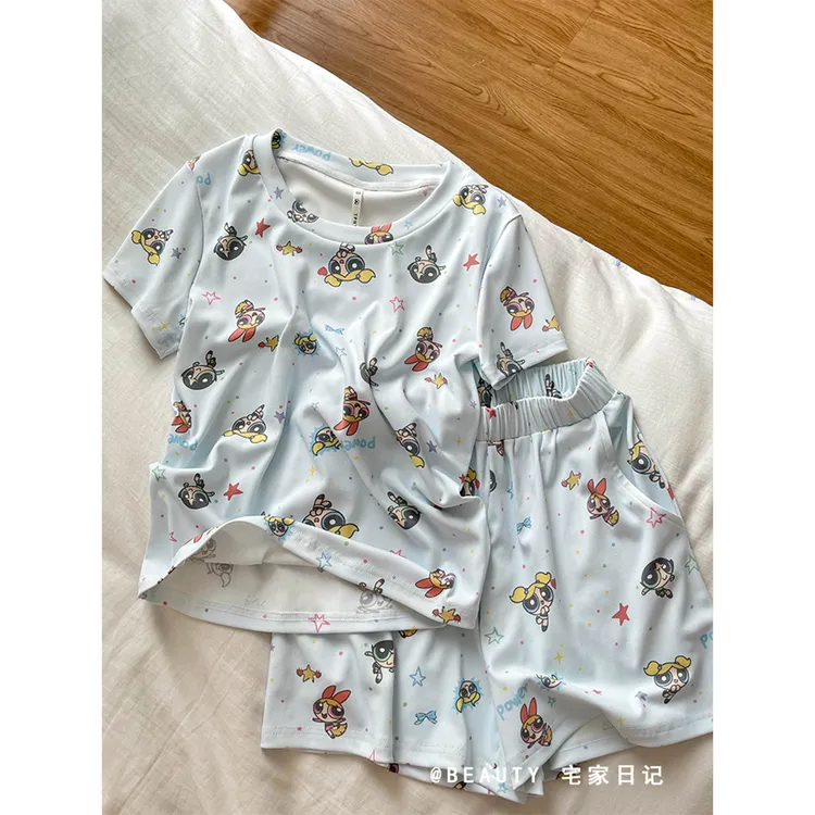 韩系甜美风卡通印花短袖睡衣女夏季2025新款亲肤短裤家居服套装女