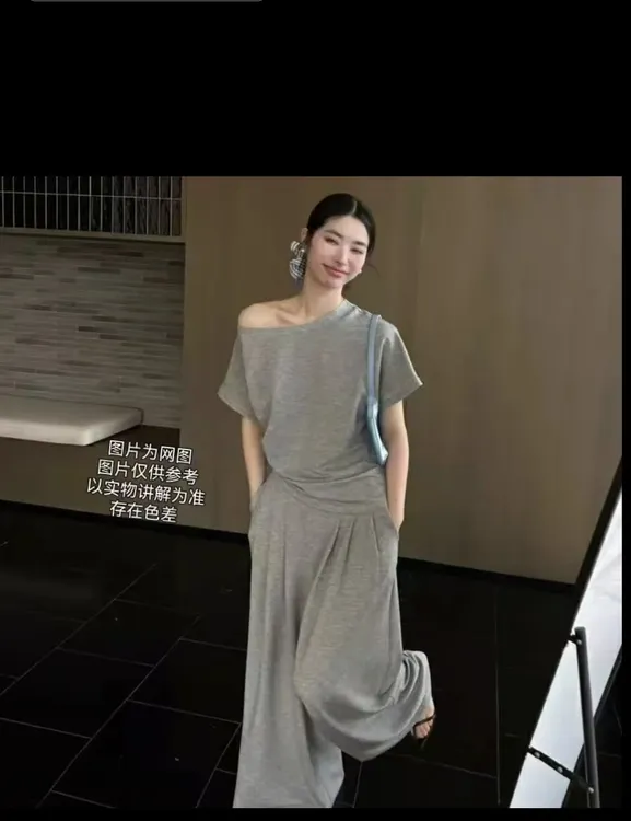 现货2025夏季新款大码女装韩系慵懒风斜肩半袖上衣+阔腿裤