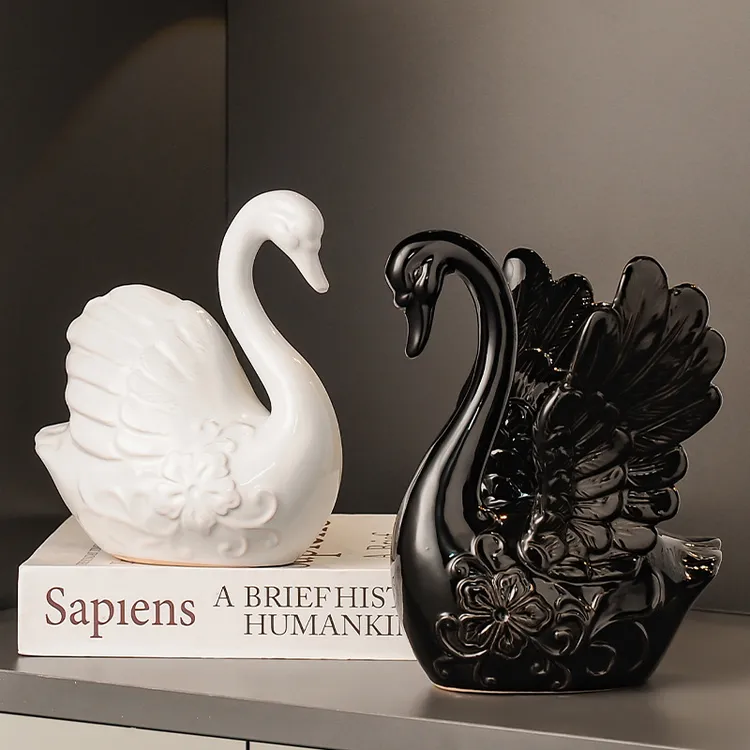 天鹅摆件一对轻奢高档客厅酒柜玄关电视柜餐边柜高级感陶瓷装饰品