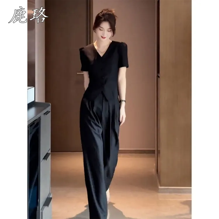 韩版高级设计感职业套装女短袖西装V领上衣+高腰直筒阔腿裤两件套