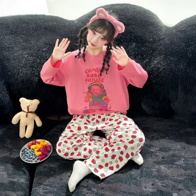 粉色纯棉女童睡衣2025新款初中生春秋甜美长袖家居服儿童居家套装