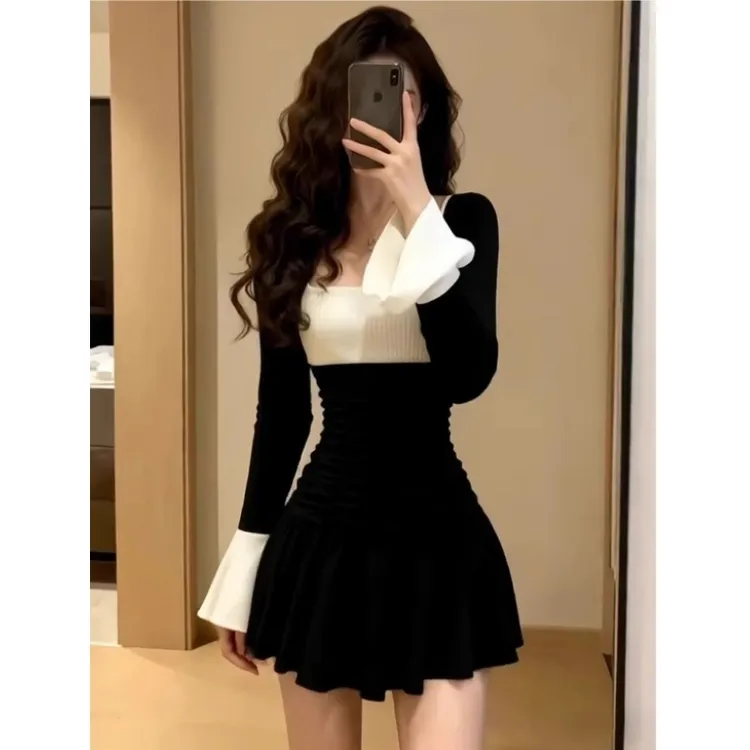 法式少女感黑白撞色方领长袖连衣裙女秋冬收腰显瘦氛围感短裙876