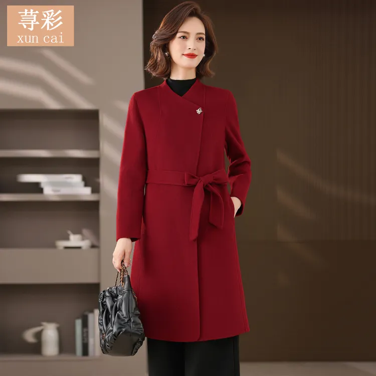 中老年女装妈妈中长款毛呢外套喜婆婆婚礼服端庄气质双面羊毛大衣