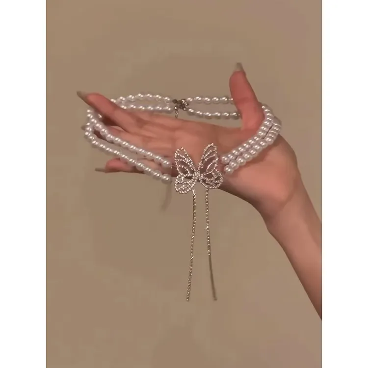 铜合金仿珍珠项链 蝴蝶双层珍珠项链女锁骨链choker颈链