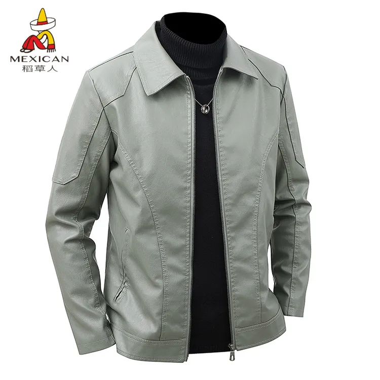 稻草人新款大码春秋皮衣男士时尚休闲翻领修身韩版潮流皮夹克外套