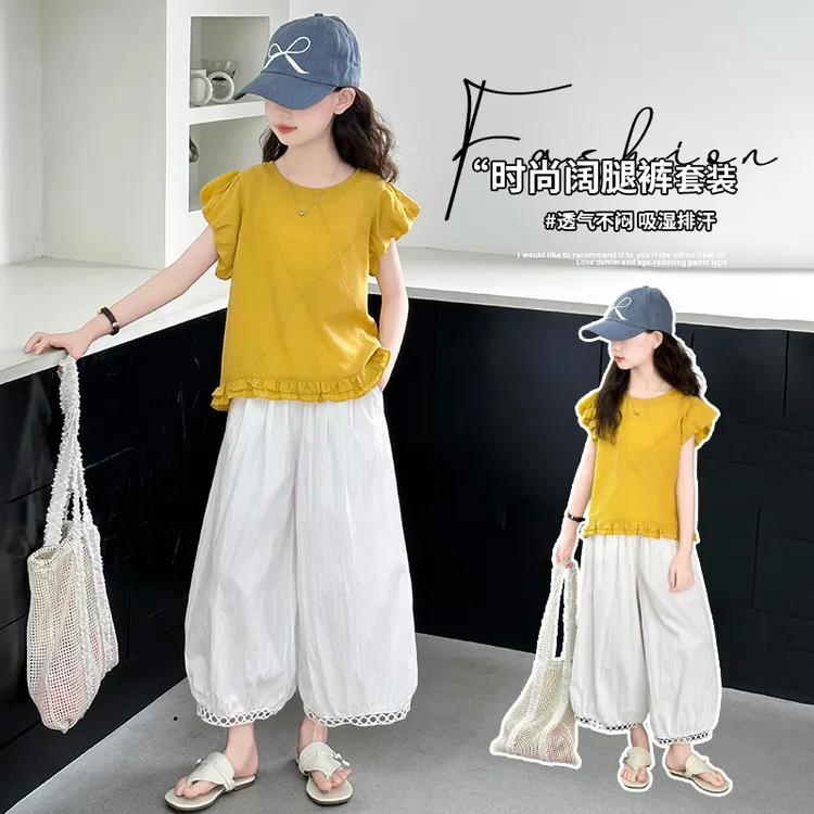 女童洋气夏季套装2025新6-12岁穿搭小飞袖上衣中大儿童薄款灯笼裤